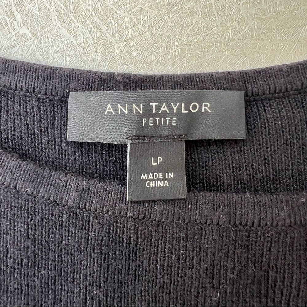 Ann Taylor  knit top with feather trimmed sleeves Women’s Size LP - Picture 7 of 8
